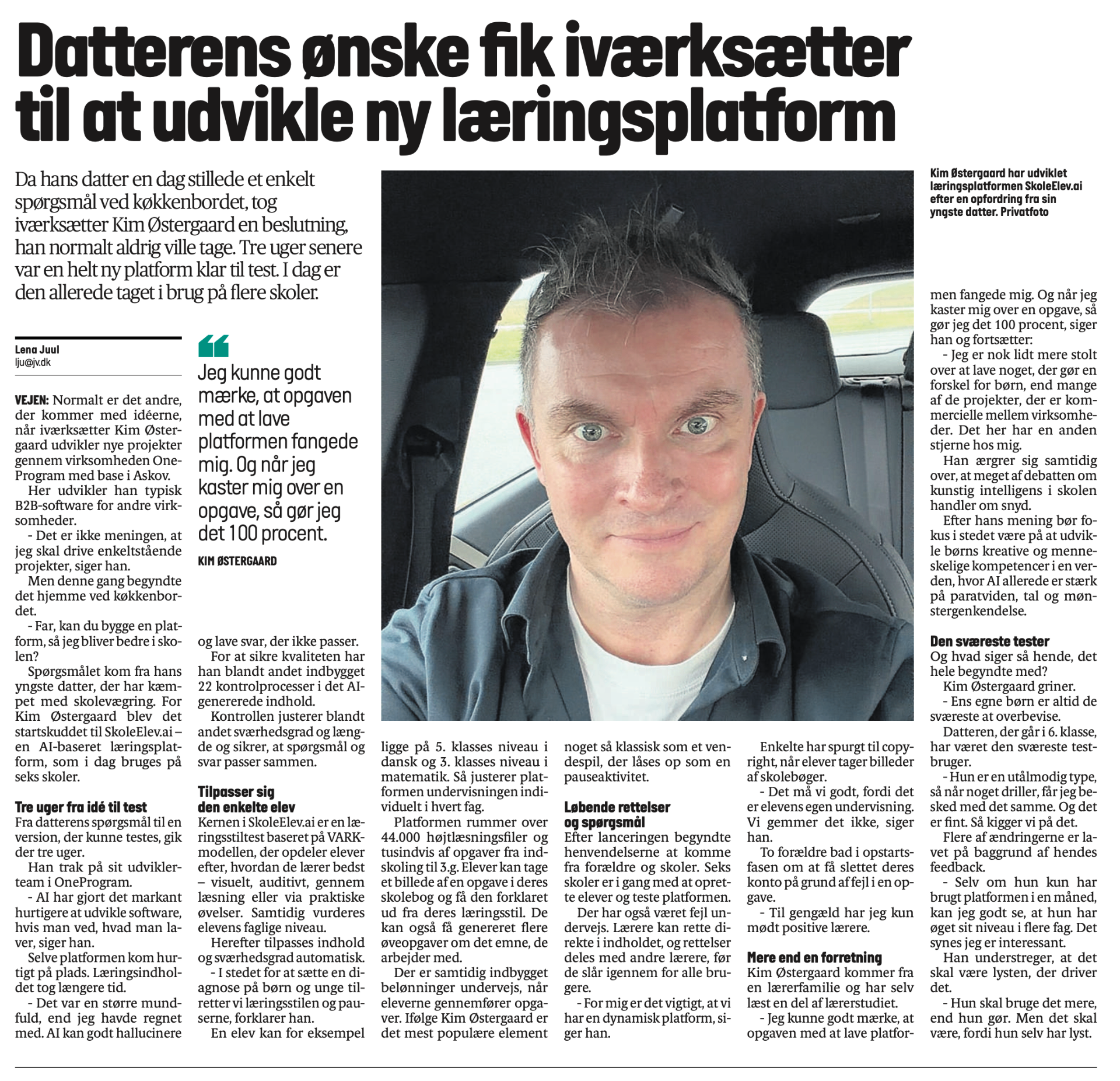 Artikel i JydskeVestkysten om Kim Østergaard og SkoleElev.ai